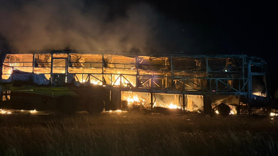 A private bus operated by kaveri travels caught fire on the hyderabadbengaluru highway near kurnool.png