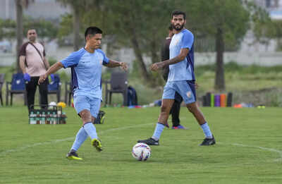 Kolkata men39s national soccer team player sunil chhetri with teammate subhasish.jpg