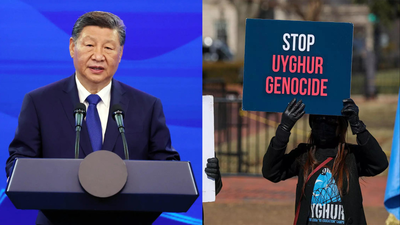 Chinese president xi jinping left uyghur activist protesting oppression file agencies.jpg