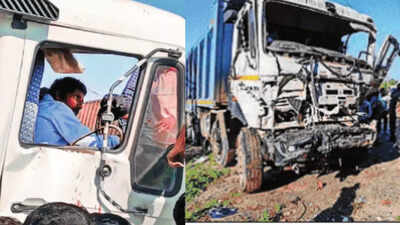 Truck driver kalyan meena inside the dumper following the accident in harmada area on monday.jpg
