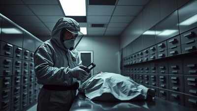 Hazmat responders examine morgue table.jpg