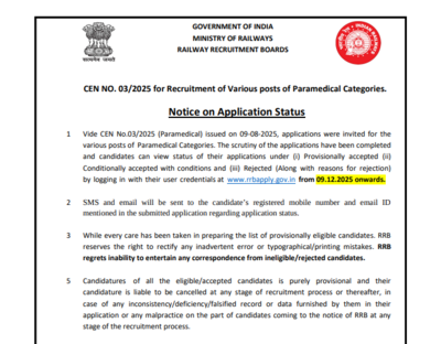 Rrb paramedical recruitment 2025 application status for 435 posts releases tomorrow check steps to d.png