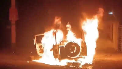 Angry locals set the thar suv on fire following the accident but the blaze was later controlled with.jpeg