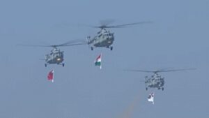 Mi 17 choppers shower petals fly dhwaj formation.jpg