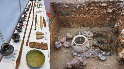 The longest iron spear along with iron implements pottery and other objects found at thirumalapuram.png