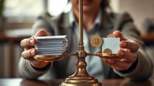 A job seeker studies an offer letter weighing stability against a potential pay cut in a cooling lab.jpeg