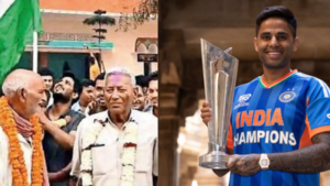 Suryakumars grandfather vikrama yadav r celebrates with others and indias captain poses with the t20.png
