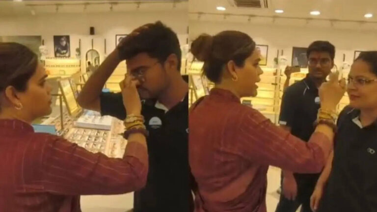 Watch: BJP leader Nazia enters Lenskart store, applies tilak on staff amid dress code row