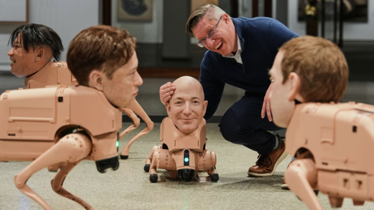 Robot dogs with Elon Musk, Jeff Bezos and Mark Zuckerberg faces roam in Berlin museum